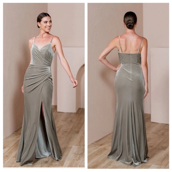 Revelry Rory Velvet Bridesmaid Dress in Sage Green Velvet - Picture 3 of 14